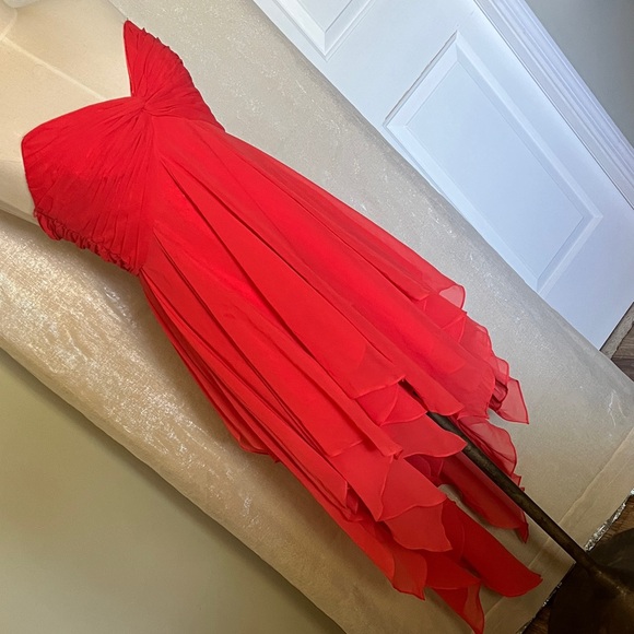 Cache Strapless Coral Layered Cocktail Dress